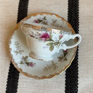 Vtg Floral Gold-Trimmed Teacup and Saucer Set